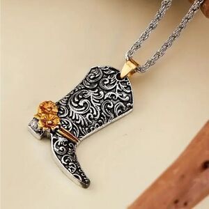 Silver Carved Flower Cowboy Boot Pendant Necklace Fashion Accessories